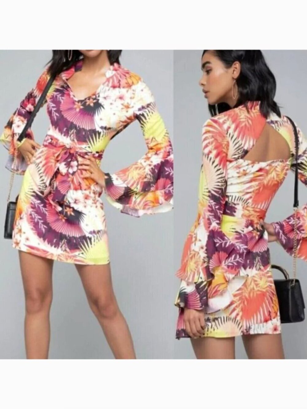 BEBE Long Sleeve Natalie Dress Royal Palm Floral Tropical Bell Sleeve 14 NO BELT